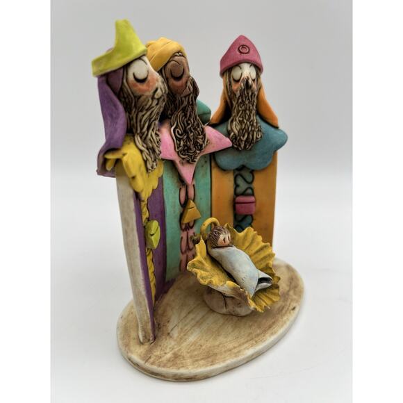 Handmade Studio Art Pottery Baby Jesus & Three Wisemen Figurine 5” Signed Ruiz - Picture 3 of 9